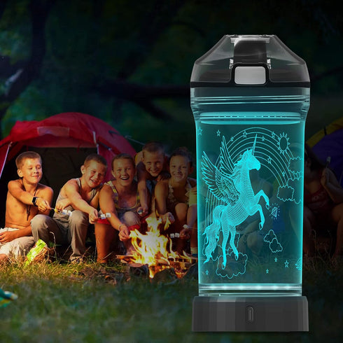 Kids Water Bottle with 3D Glowing Unicorn Illusion LED Light - 14 oz - Creative Gift for Girls
