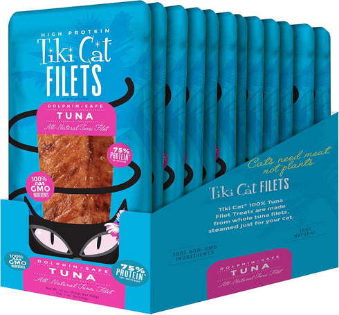 Tiki Cat Filet, All Natural Tuna, High Moisture Non-GMO Wet Cat Food Topper, 1 oz Pouch, Pack of 12