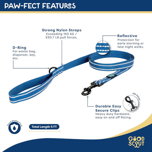 Good Scout 5' Heavy Duty Dog Leash for Large Dogs, Durable Walking & Training Leash with D-Ring for Waste Bag