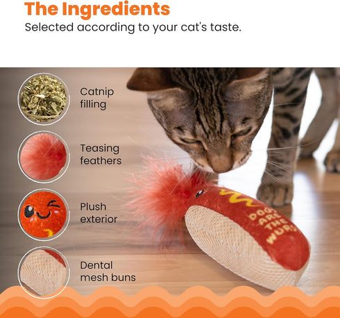 Catstages Hotdog Kicker Toy with Catnip and Dental Mesh, Hot Dog Shape, Plush and Feather Cat Toy for Kicking, Tossing