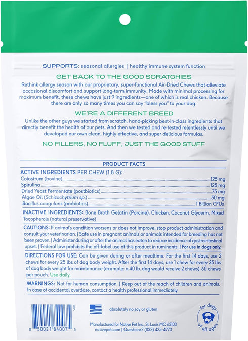 Native Pet Dog Allergy Chews - All Natural Relief with Probiotics and Colostrum for Itchy Skin, 60 Chews