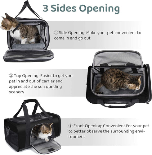 TSA Approved Pet Carrier - Soft Dog Carrier for Small Medium Cats and Dogs, 4 Mesh Windows, 3 Entrances, Black