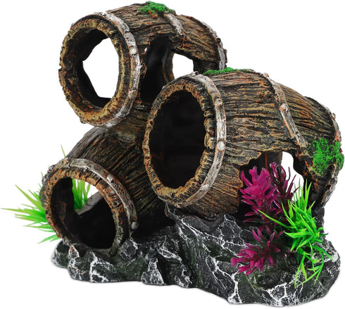 UNEAK Aquarium Decorations, Three Stacked Broken Barrels Ornament for Fish Tank Landscaping, Resin for