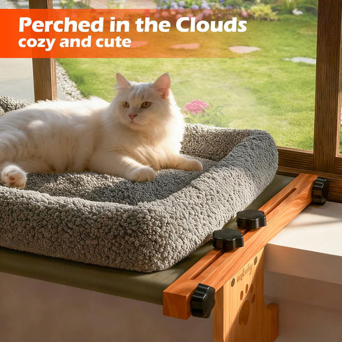 4-Sided Hammock Cat Window Perch with Bolster - Orthopedic Cat for Window Sill - Solid Hardwood & Metal Frame - Window