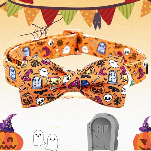 Elegant Little Tail Dog Collar, Fall Pumpkin Holiday Pet Collar, Adjustable Halloween Bow Collar for Large Dogs