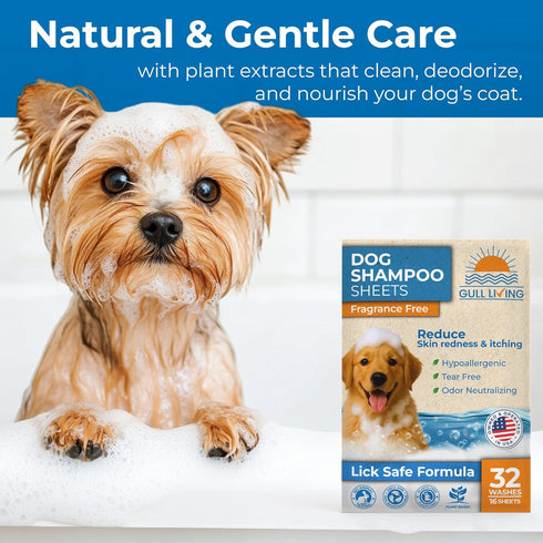 32 Gull Living Washes Dry Shampoo Sheets for Dogs and Puppies - Water Activated Hypoallergenic Dog Shampoo Sheets