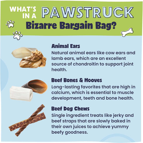 Pawstruck Bizarre Bargain Bag - Assorted Natural Dog Chew Treats - 1 lb - Animal Ears, Jerky, Bones, Hooves, Beef Straps