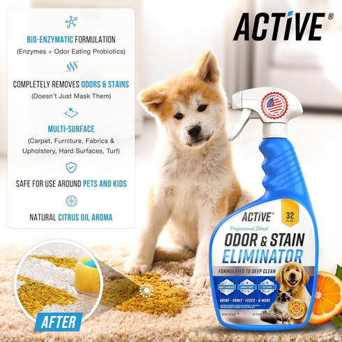 32 oz Pet Odor and Stain Eliminator - ACTIVE Enzyme Cleaner for Dog & Cat Urine, Stain Remover Spray for Carpet