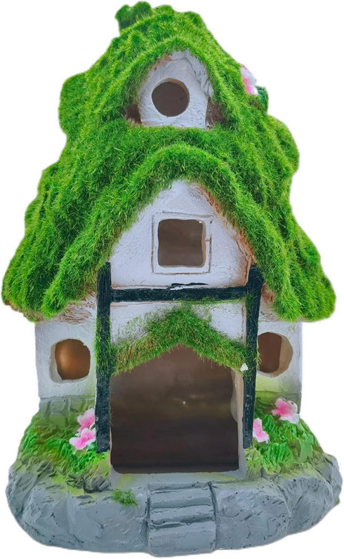 Aquarium Decorations Fish Hideout House Betta Cave with Green Lifelike Moss (Garden Shed)