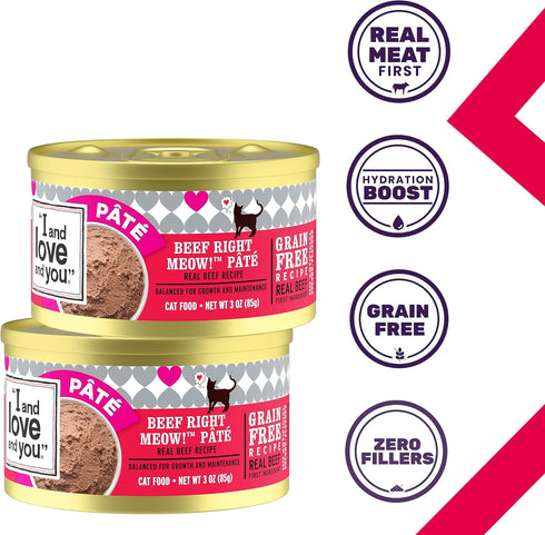 I and love and you Wet Cat Food, Beef Right Meow Pâté, Grain Free, Filler Free, 3oz Pack of 24 Cans