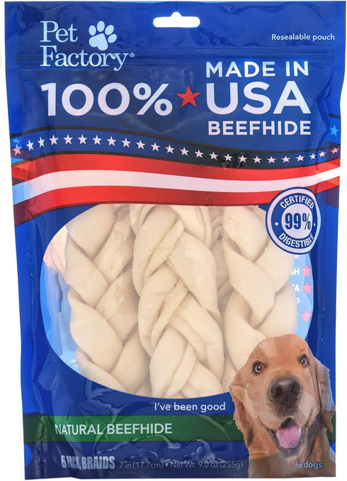 Pet Factory 100% Made in USA Beefhide 7" Braided Sticks Dog Chew Treats, 6 Count