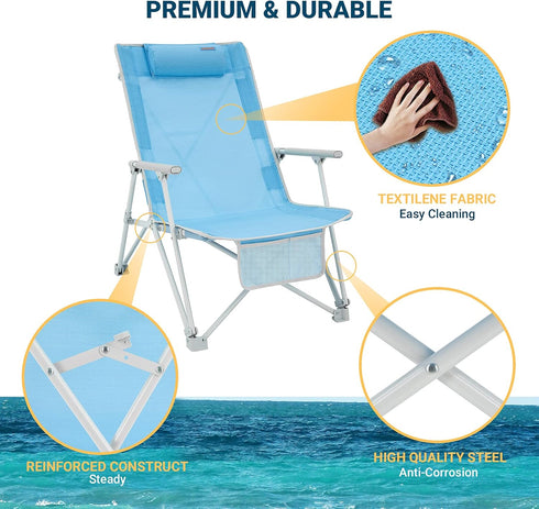 BBQ,300 LBS #WEJOY High Back Beach Chairs Portable Low Folding Beach Chair for Adults with Armrest,Headrest for Outdoor
