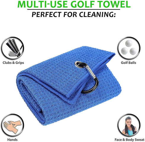 Golf Towels, Microfiber Waffle Pattern Tri-fold Towel with Brush Tool Kit, Clip Included