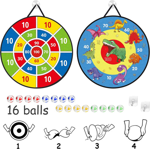 TOMYOU 26" Dart Board for Kids with 16 Sticky Balls, Double Sided Dinosaur Dart Board, Indoor Outdoor
