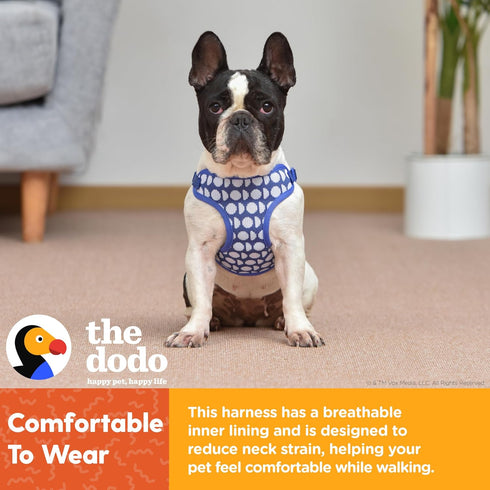 The Dodo Dog Harness, Blue Dodo Print, Size Medium; Easy Step-in Harness with Breathable Mesh Fabric