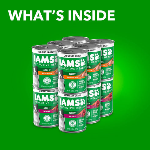 13 oz. Pack 12 IAMS Proactive Health Wet Dog Food Adult, Canned Dog Food, Chicken Chunks in Gravy and Beef Chunks