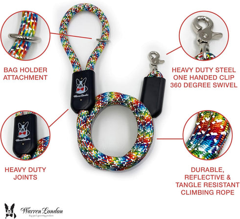Warren London Climbing Rope Dog Leash | 5ft Length with Options for Reflective | Ergonomic Grip Comfort Control and Durability | Heavy Duty for All Dogs | Rainbow Pride Reflective