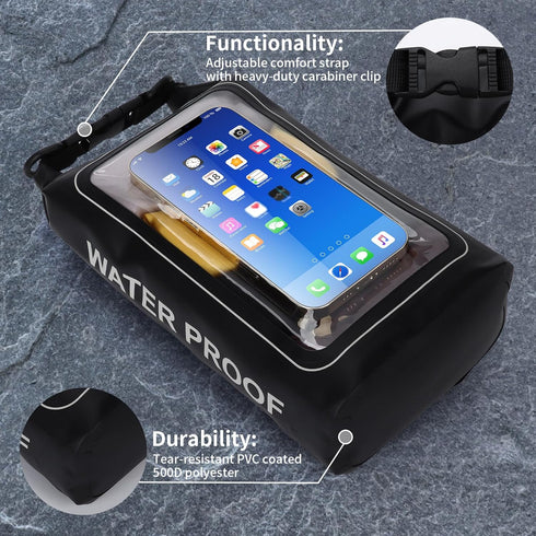 IP68 Waterproof Dry Bag, 2L Roll Top Waterproof Pool Bag with Phone Pouch, Large Waterproof Phone Pouch for Boating &