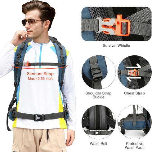 ShowyLive 60L Waterproof Hiking Backpack for Men - Durable, Lightweight with Rain Cover and Adjustable Straps, Blue