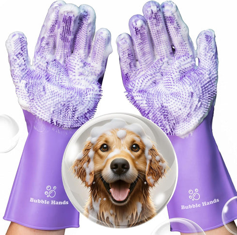 Dog Washing Gloves with Bristle Scrubbers, Reusable Silicone Gloves for Pet Bathing, Massaging & Grooming - Purple