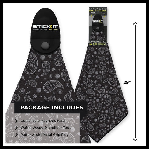 STICKIT Magnetic Golf Towel, Black Paisley Microfiber with Deep Waffle Pockets, Strong Magnet