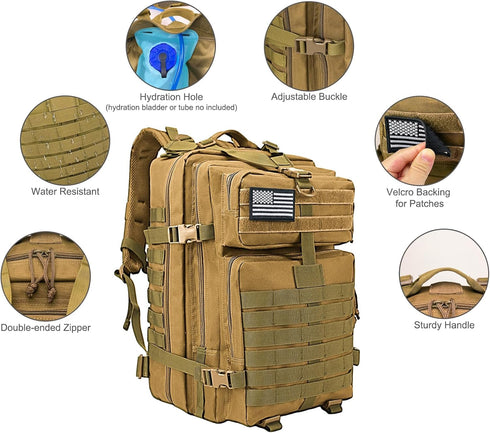 WOLT Tactical 45L Military Backpack for Men, Large 3 Day Assault Pack, Rucking Backpack for Hiking Survival (Khaki)