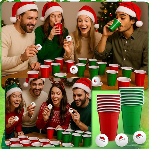 50 Set 40 15 oz 10 Soulchen Pcs Christmas Game Supplies Classic Reusable Plastic Cups and Santa Hat Printed Balls Xmas