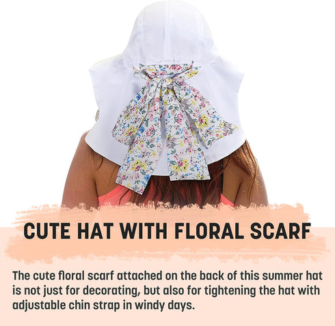 Solaris Floral Scarf Wide Brim Women's Sun Hat, with Neck Flap Foldable UV Protection Cap for Garden Beach Hiking