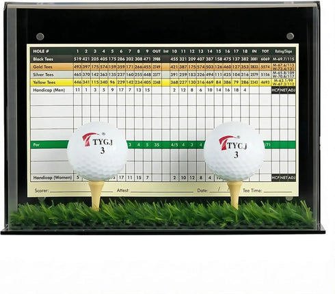 Golf Ball Display Case Stand with Turf Base, for balls from Hole-in-One or Best Score Games with backing to hold the