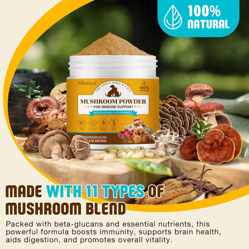 Ninsiec 11 Mushroom Supplement Powder for Dogs & Cats, Turkey Tail Mushroom for Pets, Lipoma for Cats, Organic Mushroom