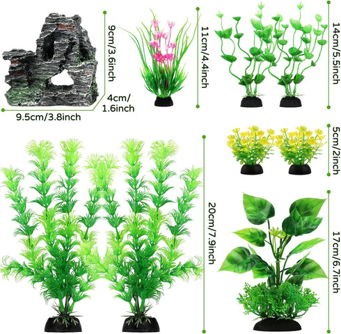 Fish Tank Accessories - 9pcs Green Artificial Plants and Cave Rock Decor Set for Aquarium