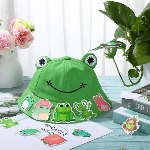 Frog Bucket Hat or Cow Flamingo Hat with 50 Stickers, Summer Outdoor Foldable Wide Brim Fishing Hat