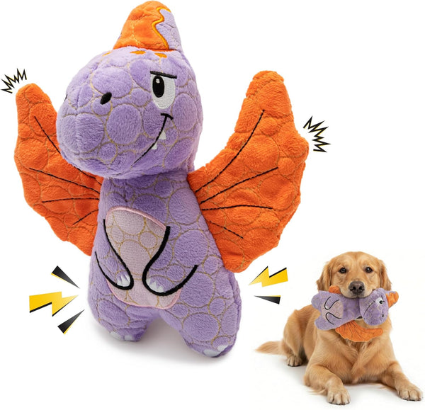Bite Force - Durable & Strong Dog Toy Purple Dino with Squeaker,