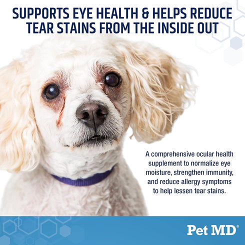 Pet MD Tear Stain Remover for Dogs & Cats - Antioxidant Eye Care Supplement with Lutein, Cranberry, & Omega 3 & 6 - Cat & Dog Tear Stain Remover Chews for White & Light Fur - 60 ct