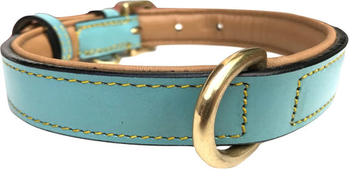 Medium Size Leather Dog Collar - Turquoise with Beige Padding
