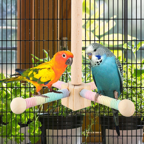 BOXOB 360 Bird Stand Perch Toy, Wooden Degree Free Rotation Interactive Spinning Parakeet Toys Practical Parrots Cages