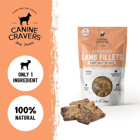 Canine Cravers Single Ingredient Dog Treats: Premium Lamb Fillets, Human Grade, 5.3 oz Hypoallergenic