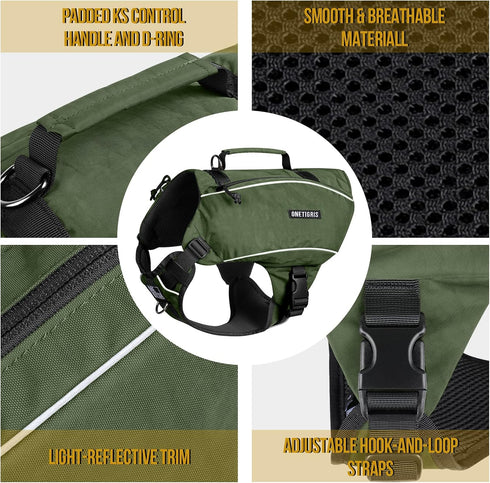 OneTigris Y-Shaped Dog Backpack, Lightweight Hiking Gear with Handle, Pockets & No Pull D-Rings (Large, Green)