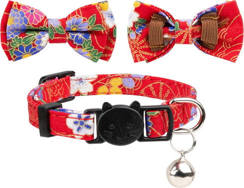 Breakaway Cat Collar with Bell and Detachable Bowtie, Adjustable Safety Kitten Puppy 2pcs Navy Blue & Red