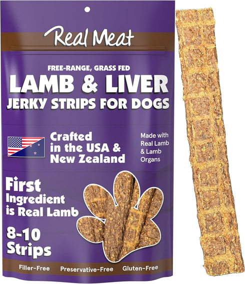 Real Meat Lamb & Liver Jerky Dog Treats, 8 Air-Dried Strips, Grain-Free Jerky Treats Made of 95% Free-Range Lamb