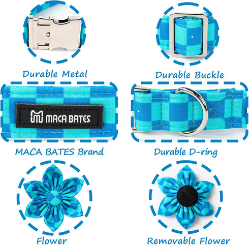 Maca Bates Checkered Plaid Mint Green Blue Dog Grid Collar with Flowers for Dogs Adjustable Breakaway Cute Plaid Collars Accessories Gift for Small Medium Large XL Puppy with Golden Metal Buckle