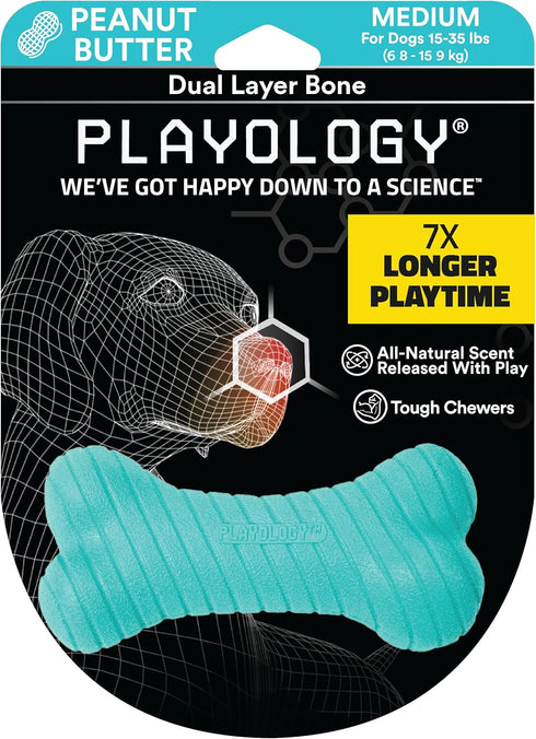 Playology Dual Layer Bone Toy for Medium Dogs (15-35lbs) - Durable Peanut Butter Scented Chew Toy, Easy to Clean