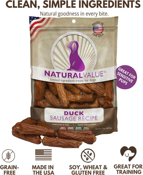 Loving Pets Natural Value Duck Sausages - Soft Jerky Dog Treats for Large & Small Breeds - Healthy Gluten, Wheat, Soy