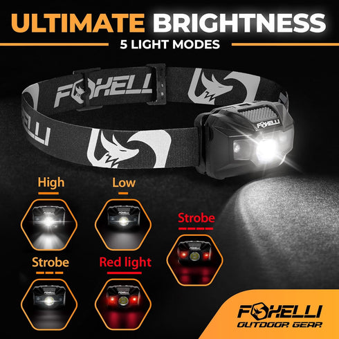 Foxelli USB-C Rechargeable LED Headlamp, Ultra-Light 2.4 oz, 180 Lumens, 5 Modes, IPX5 Waterproof