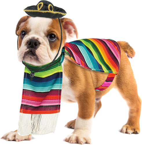 Skeleteen Mexican Serape Dog Costume, Cinco de Mayo Poncho and Sombrero Costumes for Pets (Size L) for Small Breeds