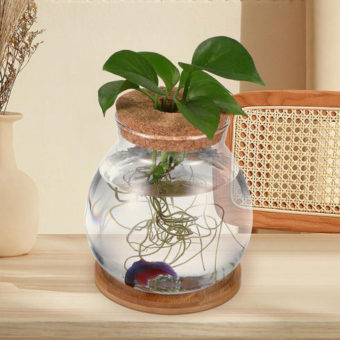 POPETPOP Clear Glass Desktop Fish Bowl with Wood Lid and Bamboo Stand, Hydroponic Planter Vase