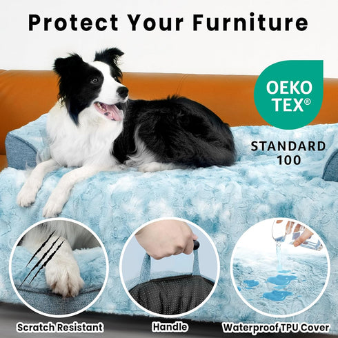 Dog Couch Bed for Large Dogs, XL Tie-dye Blue Faux Fur Waterproof Bed, Calming Washable Memory Foam, 45x37 Inches