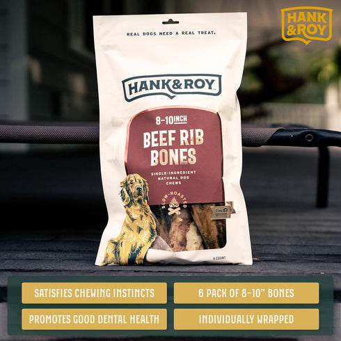 8-10 Hank & Roy All-Natural, Single-Ingredient Beef Rib Bones for Dogs, Long Lasting, Engaging Dog Bones, Individually