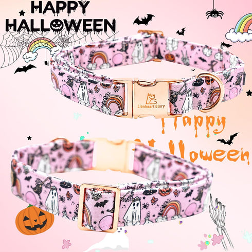 Lionheart Glory Halloween Dog Collar, Adjustable Fall Collar with Pink Bowtie for Large Dogs, Pumpkin Design
