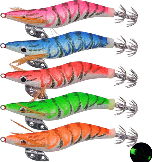 Glow Squid Jigs Saltwater Fishing Lures Kit, 10pcs Luminous Shrimp Prawn Lures for Cuttlefish Octopus Fishing